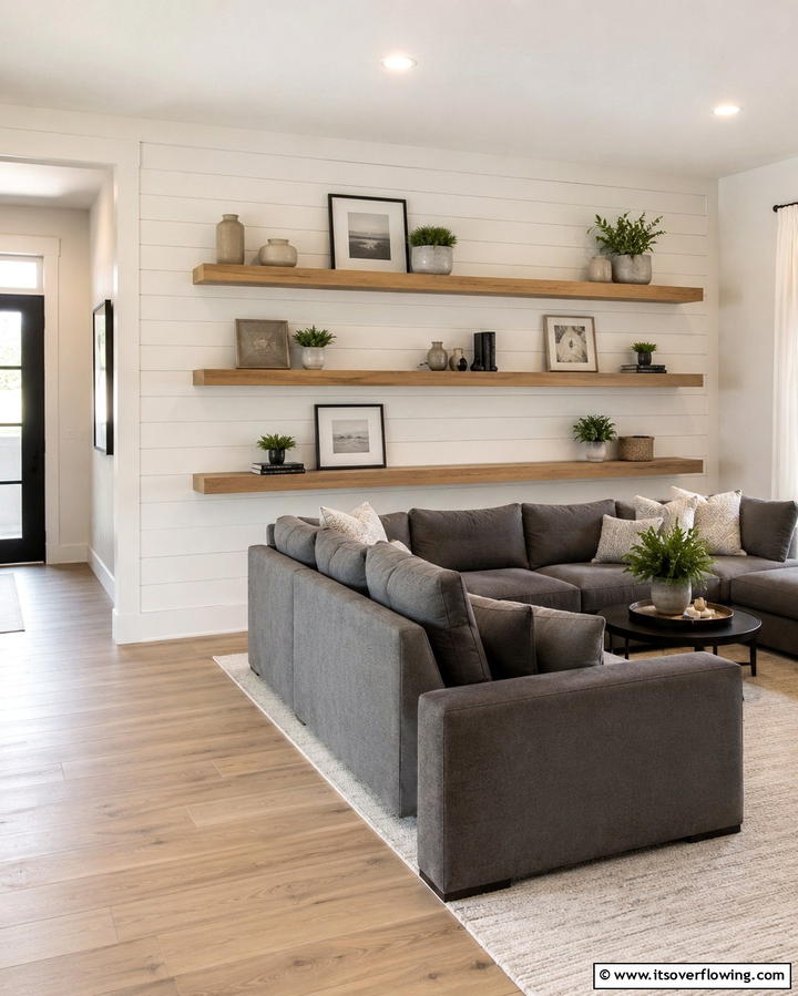 Shiplap with Floating Shelves - 25 Shiplap Living Room Ideas for a Rustic Charm