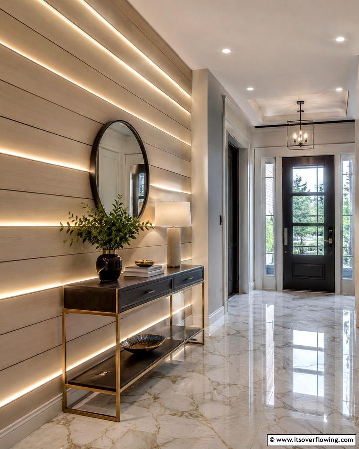 Shiplap with Integrated Lighting - 25 Shiplap Wall Entryway Ideas for a Welcoming First Impression
