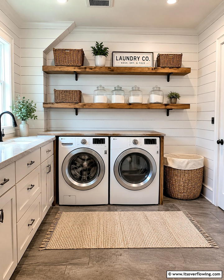 Shiplap with Open Shelving - 20 Shiplap Laundry Room Ideas for a Rustic and Charming Space