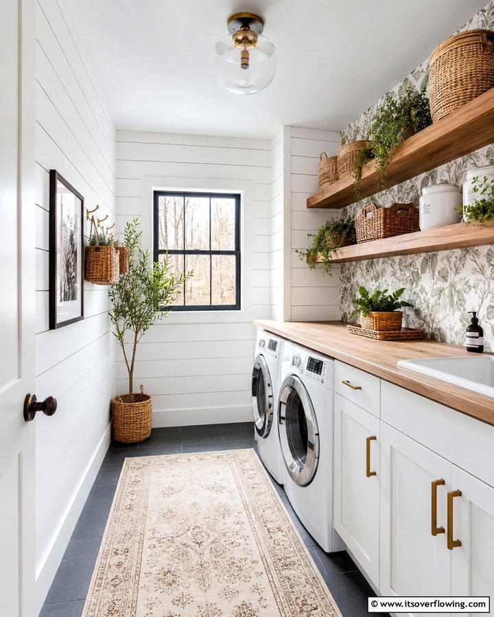 Shiplap with Wallpaper Accents - 20 Shiplap Laundry Room Ideas for a Rustic and Charming Space