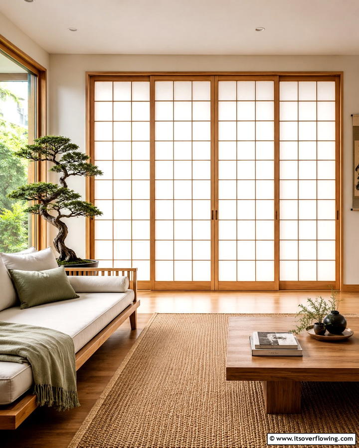 Shoji Style Sliding Doors - 25 Japandi Living Room Ideas for Minimalist Elegance