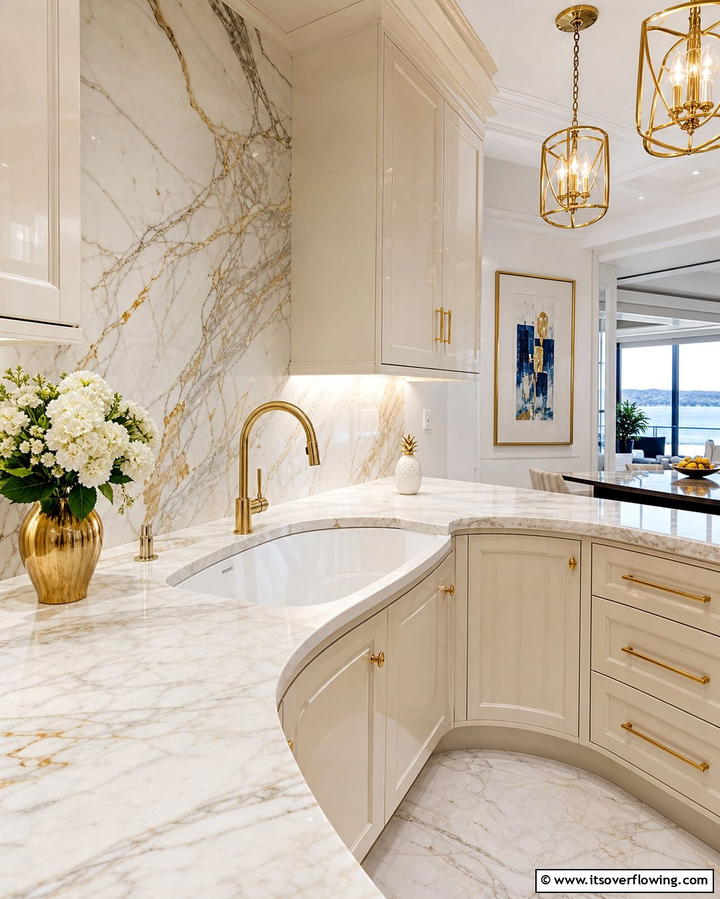 Showcasing Elegance with a Corner Sink and Curved Countertop - 25 Clever Corner Kitchen Sink Ideas for Small Spaces
