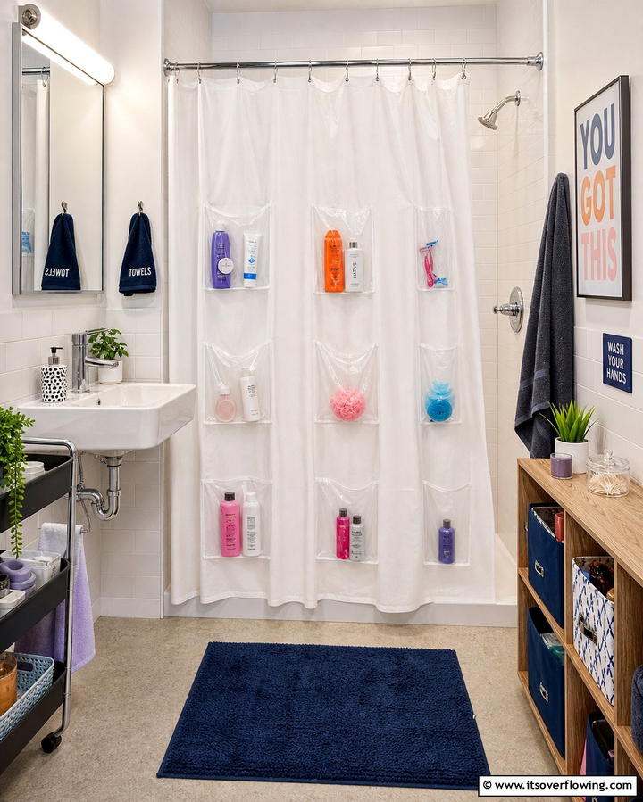 Shower Curtains with Pockets - 25 Dorm Bathroom Ideas to Maximize Space and Style