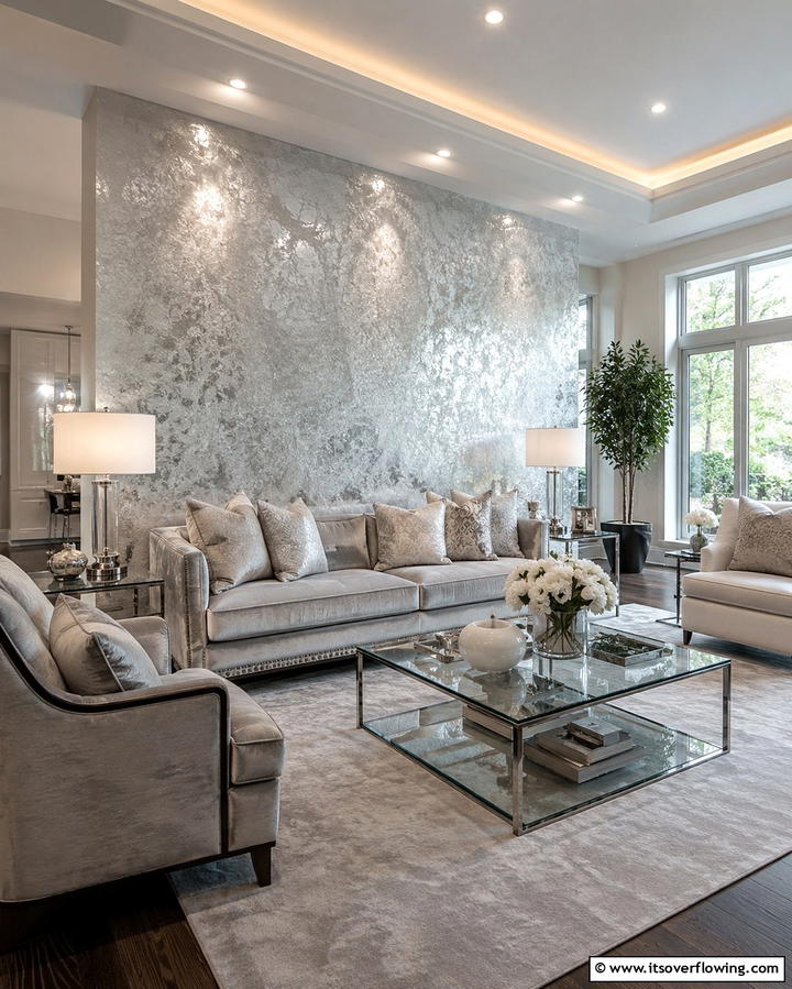 Silver Accent Walls - 25 Silver Living Room Ideas for a Modern and Elegant Look