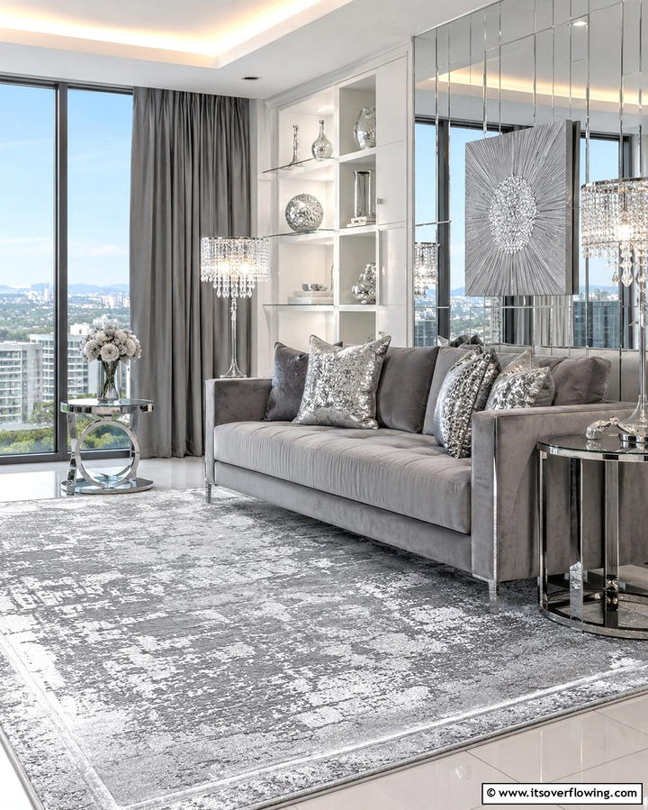 Silver Rug for a Glamorous Effect - 20 Perfect Rug Colors to Pair with a Grey Couch for Any Room
