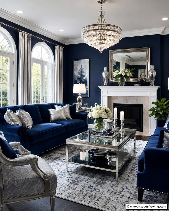 Silver and Navy Blue Combination for a Luxurious Feel - 25 Silver Living Room Ideas for a Modern and Elegant Look