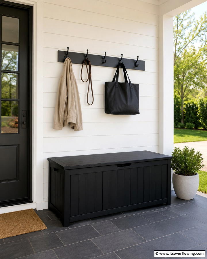 Simple Black Storage Solutions - 30 Inviting Black Porch Ideas for a Modern Outdoor Oasis