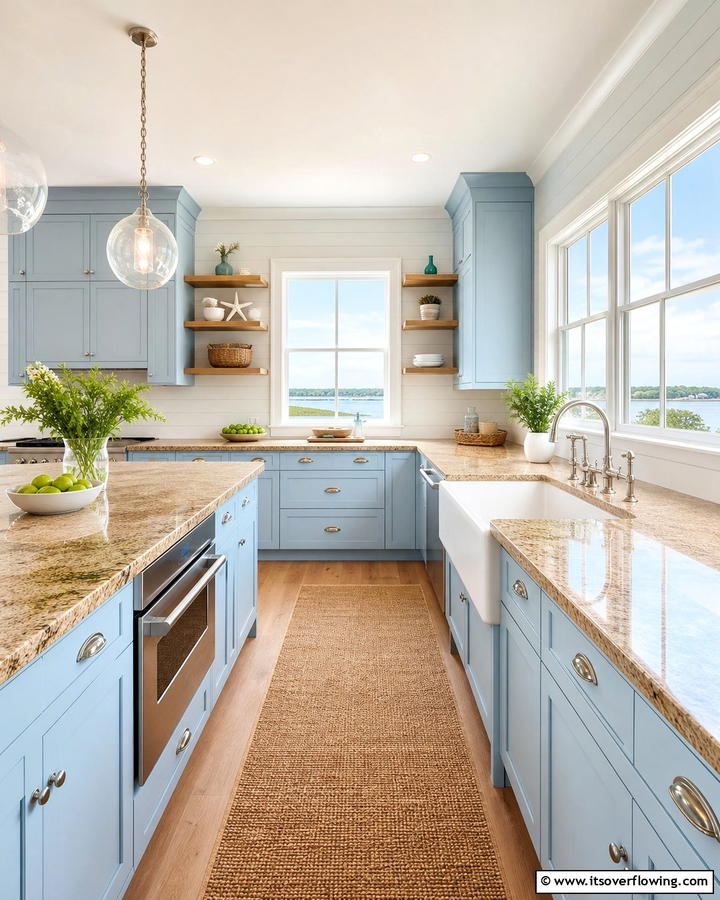 Sky Blue Cabinets Paired with Light Brown Granite - 20 Blue Kitchen Cabinets With Brown Granite Countertops