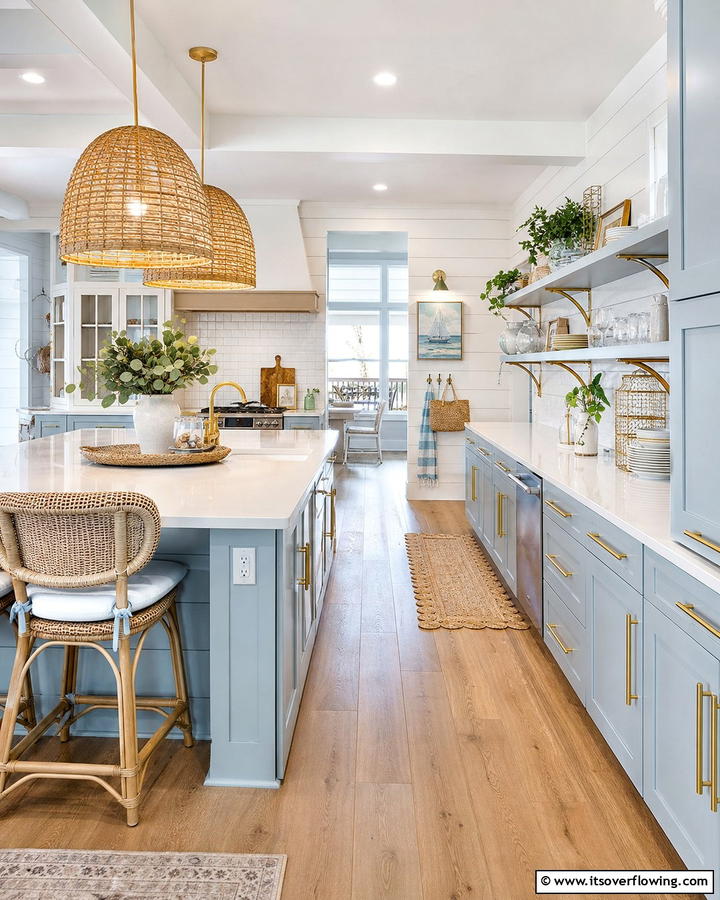 Sky Blue Cabinets with Brushed Gold Handles - 25 Blue Kitchen Cabinets With Gold Hardware for a Luxe Look