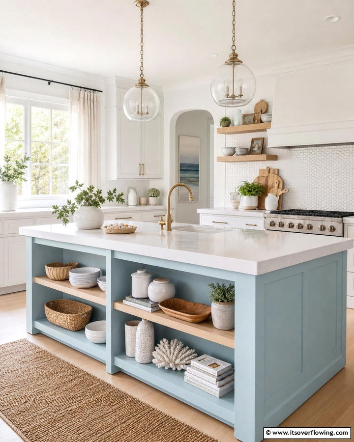 Sky Blue Island with Open Shelving - 25 Blue Kitchen Island Ideas for a Fresh Look