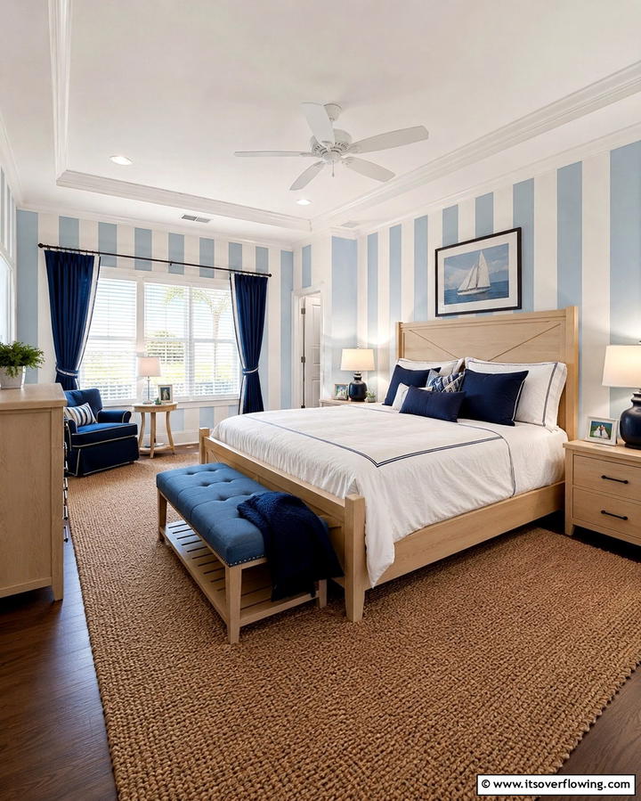 Sky Blue and White Striped Walls - 25 Sky Blue Bedroom Ideas for a Serene Retreat