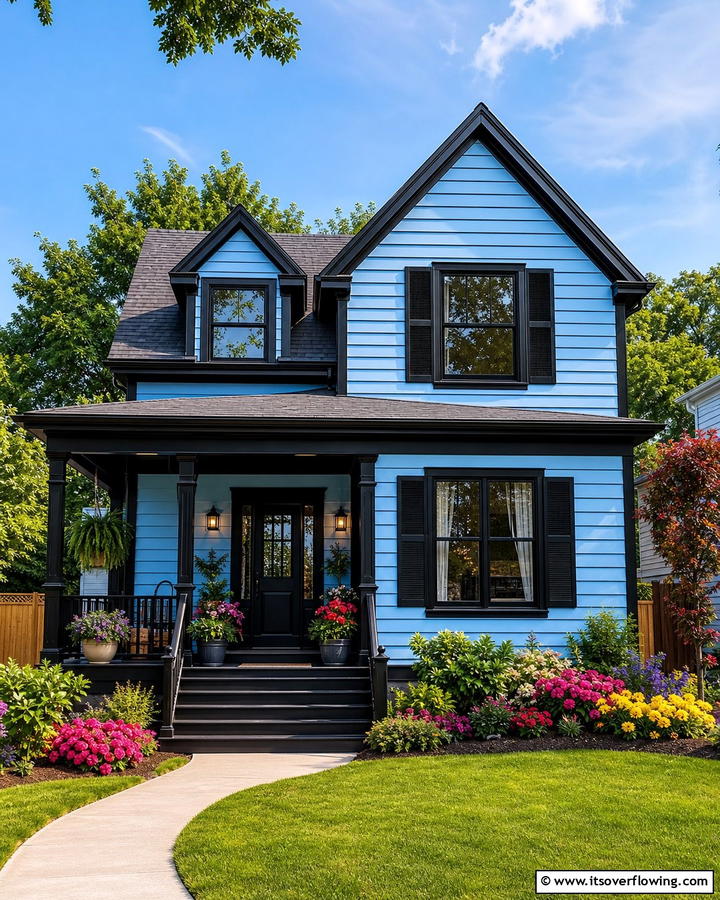 Sky Blue with Glossy Black Trim - 25 Blue House With Black Trim Ideas for a Striking Exterior