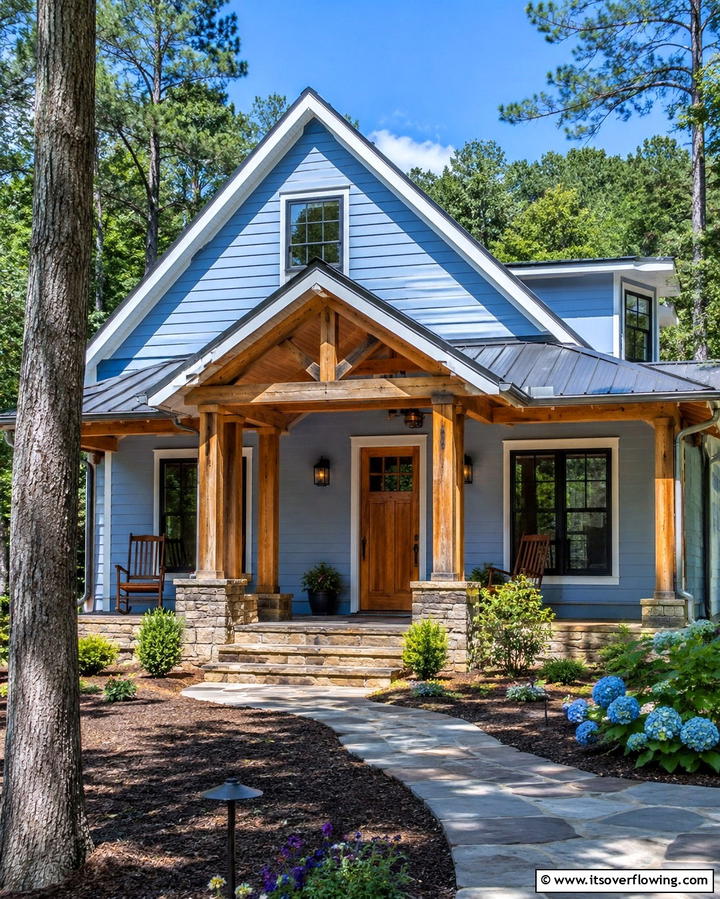 Sky Blue with Natural Wood Accents - 30 Serene Blue Exterior House Paint Ideas for Curb Appeal