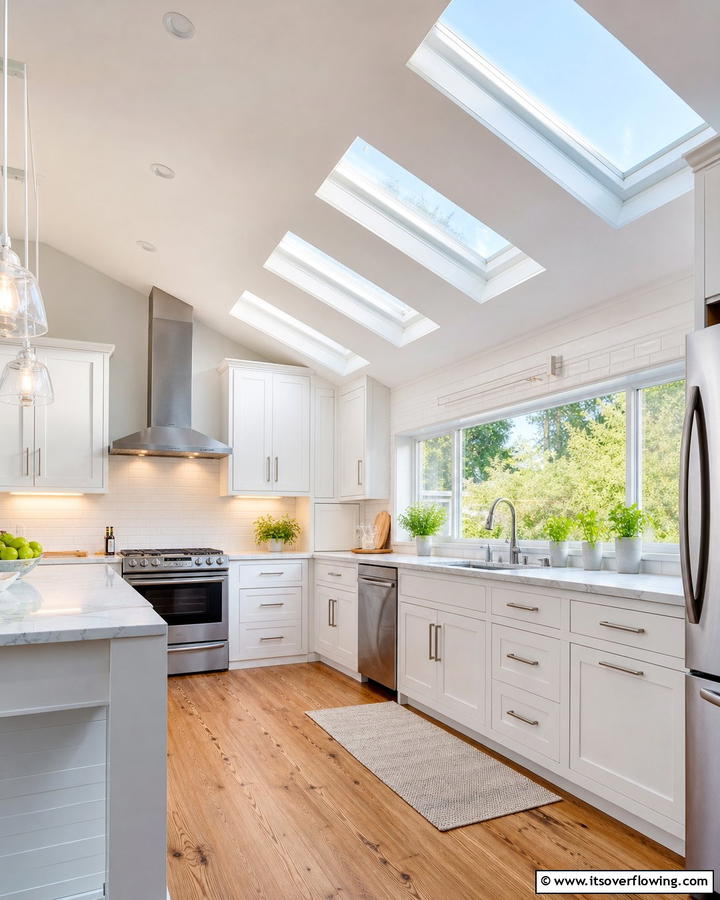 Skylight Accents - 20 Sloped Ceiling Kitchen Ideas for a Unique and Stylish Space