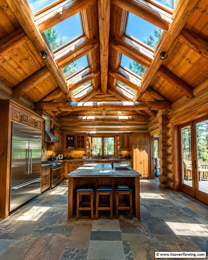Skylights for Natural Illumination - 25 Log Cabin Kitchen Design Ideas for a Rustic Look