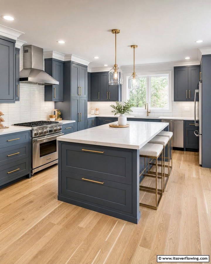Slate Blue Cabinets with Minimalist Gold Pulls - 25 Blue Kitchen Cabinets With Gold Hardware for a Luxe Look