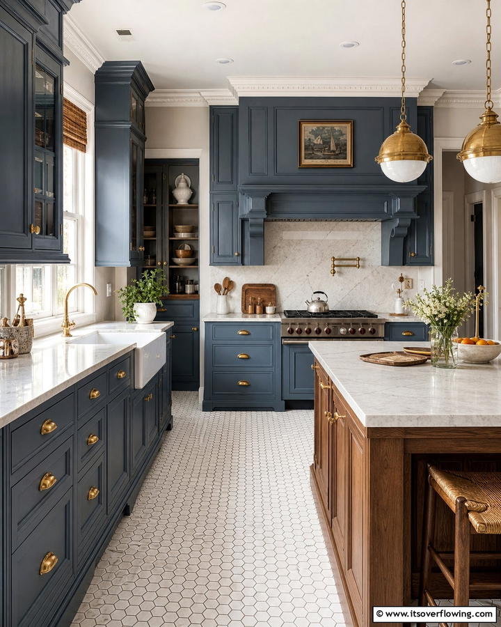 Slate Blue Cabinets with Vintage Gold Knobs - 25 Blue Kitchen Cabinets With Gold Hardware for a Luxe Look