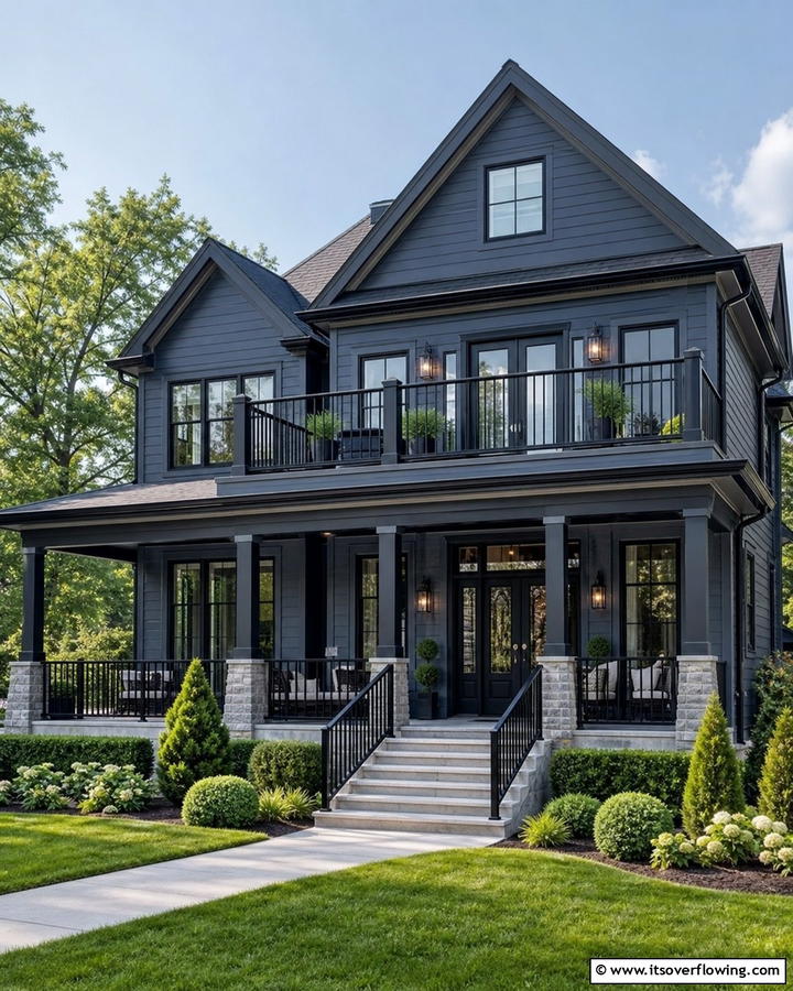 Slate Blue with Black Railings - 25 Blue House With Black Trim Ideas for a Striking Exterior