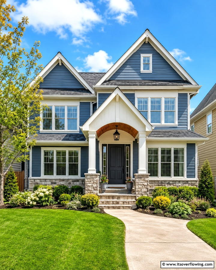 Slate Blue with White and Charcoal Details - 30 Serene Blue Exterior House Paint Ideas for Curb Appeal
