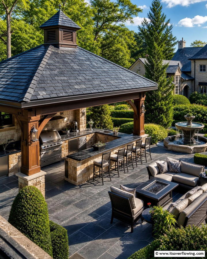 Slate Roof for a Luxurious Touch - 20 Outdoor Kitchen Roof Ideas for Year-Round Enjoyment
