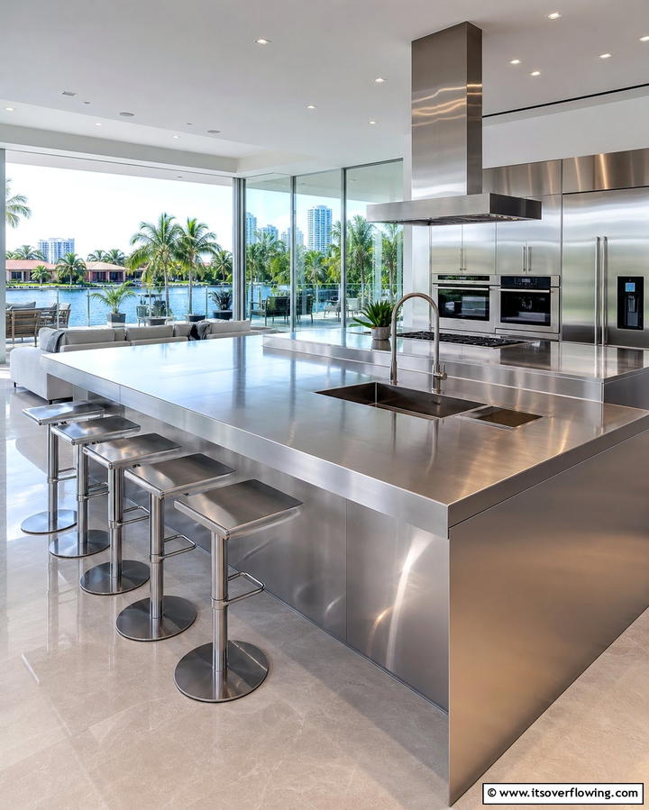Sleek All Stainless Kitchen Island - 25 Kitchen With Stainless Steel Appliances Ideas