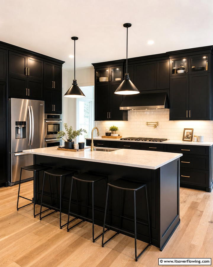 Sleek Black Cabinets with Beige Countertops - 20 Black and Beige Kitchen Ideas for a Timeless Look