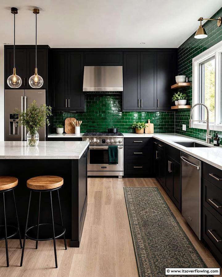 Sleek Black Cabinets with Green Backsplash - 25 Black and Green Kitchen Ideas for Bold Design