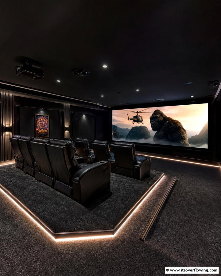 Sleek Black Home Theater - 30 Black Basement Design Ideas for a Modern & Cozy Space