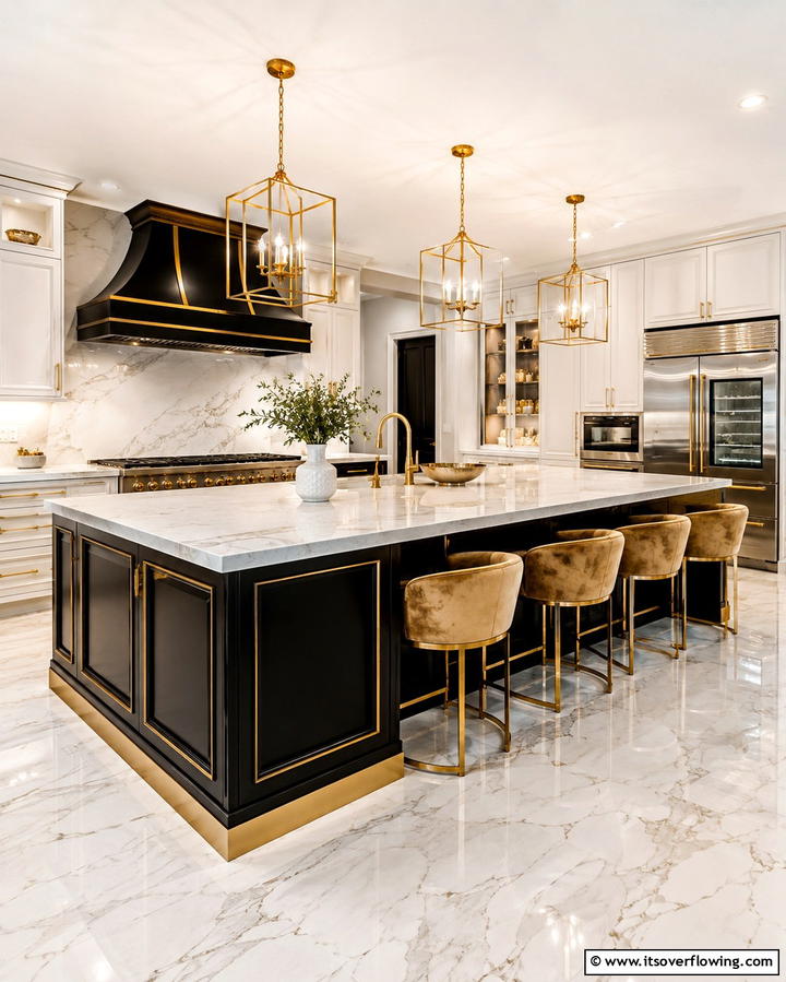 Sleek Black Island with Gold Accents - 25 Sleek Black Kitchen Island Ideas for a Modern Kitchen