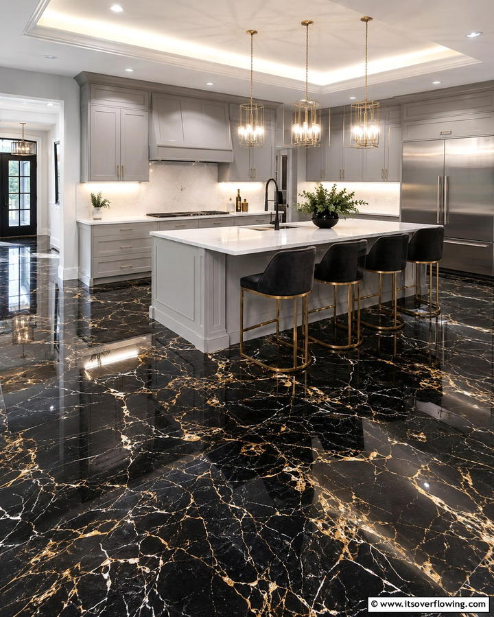Sleek Black Marble Drama - 25 Marble Kitchen Floor Ideas for Timeless Elegance