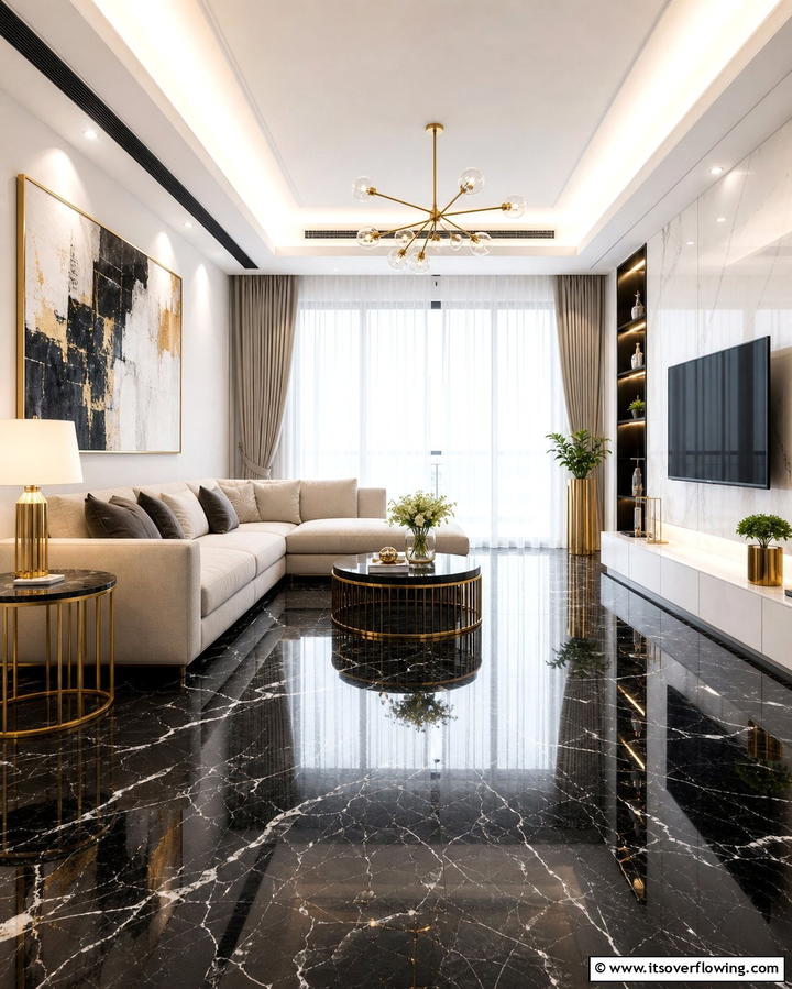 Sleek Black Marble Floors - 25 Black Floor Living Room Ideas for a Modern Aesthetic