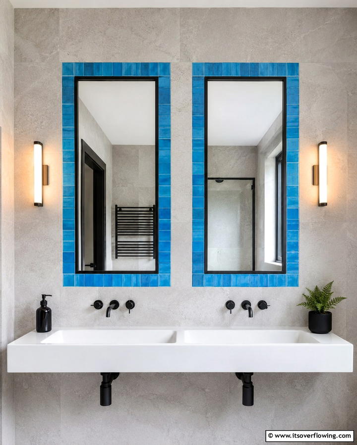 Sleek Black Mirrors Framed in Blue - 30 Striking Black and Blue Bathroom Ideas for Dramatic Flair