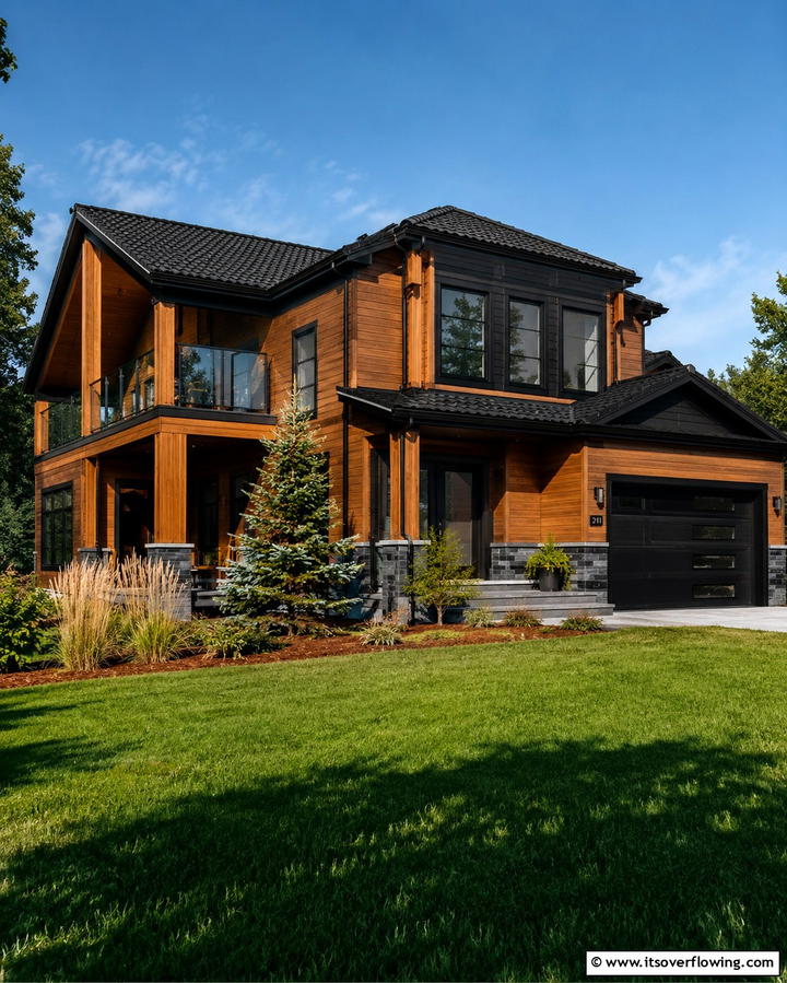 Sleek Black Roof with Wooden Accents - 30 Black Roof Exterior Home Design Ideas for Bold Contrast