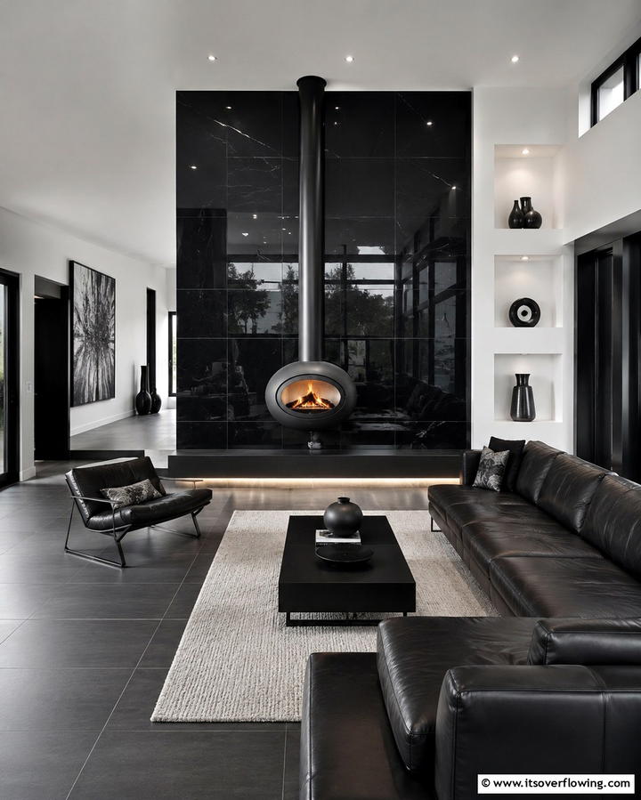 Sleek Black Tile Surround - 30 Cozy Wood Stove Surround Design Inspirations