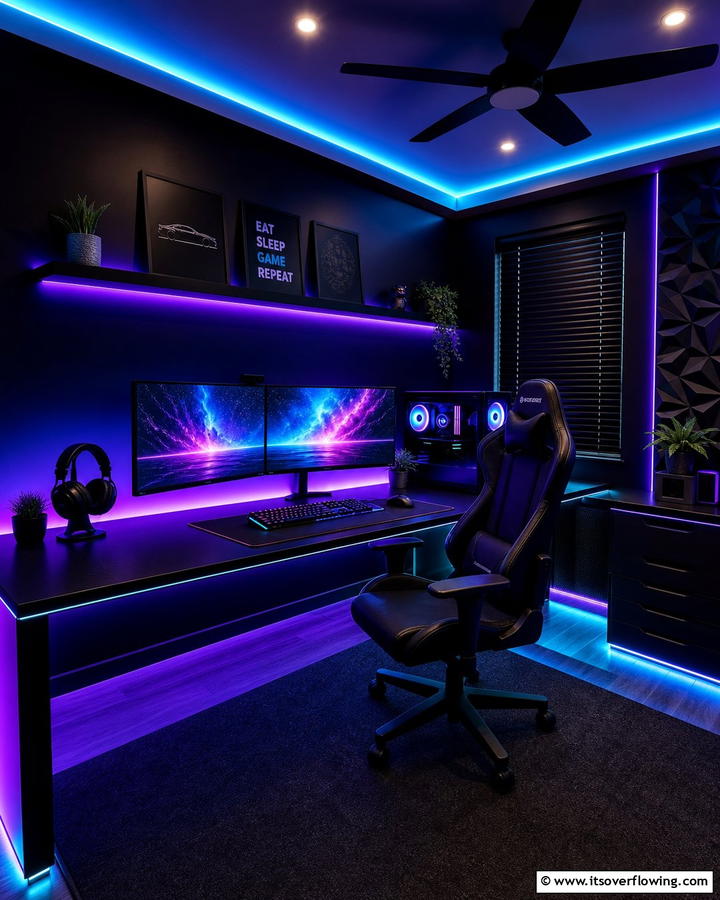 Sleek Black Walls with LED Lighting - 25 Sleek Black Gaming Room Ideas for Gamers