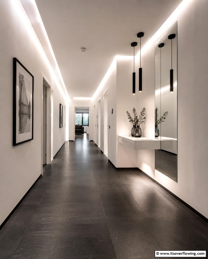 Sleek Contemporary Lighting - 30 Chic Black and White Hallway Ideas for Timeless Elegance