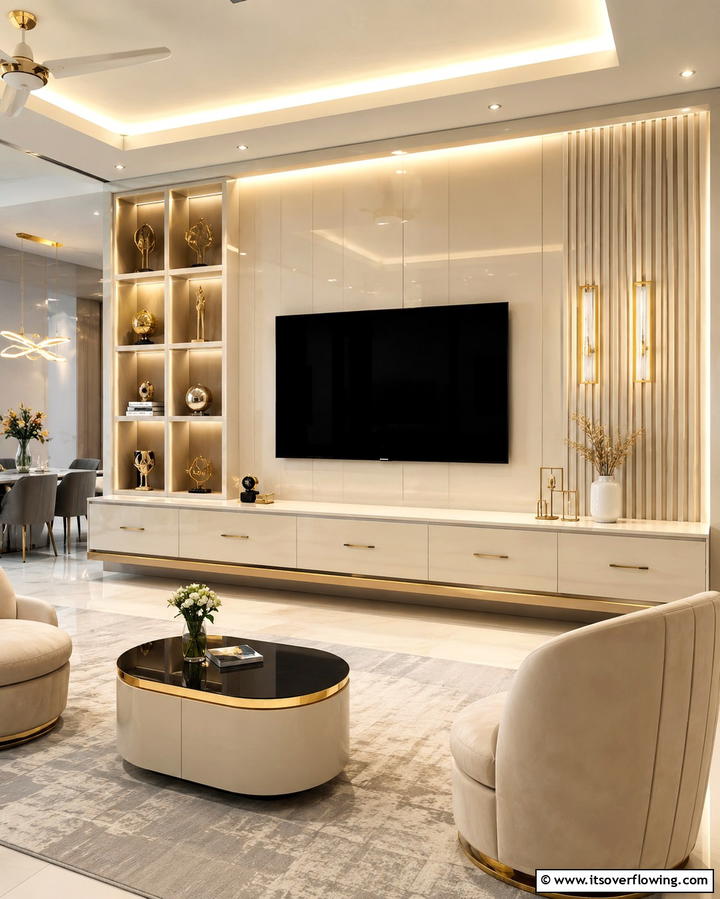 Sleek Cream and Gold Entertainment Setup - 30 Elegant Cream & Gold Living Room Themes for Luxe Interiors