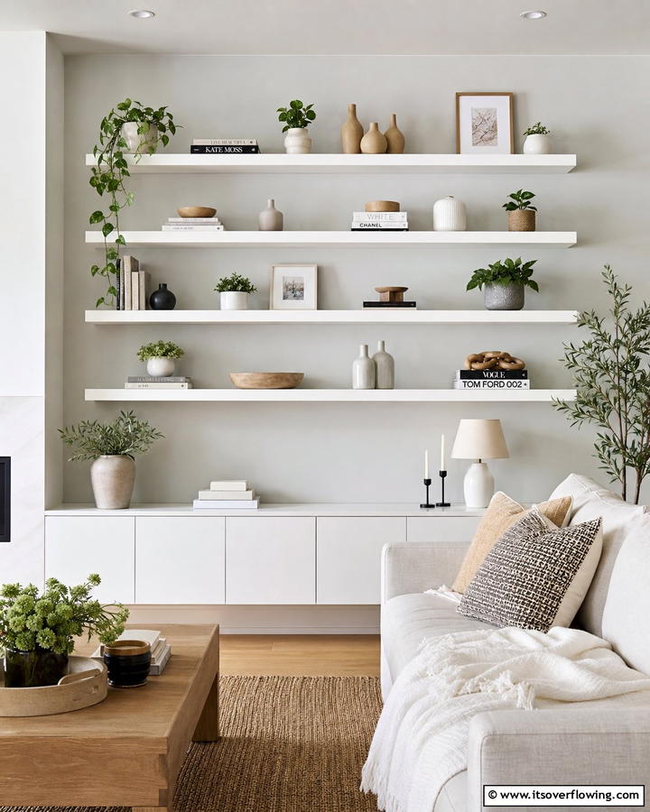 Sleek Floating Shelves with Decor - 21 Innovative Blank Wall Ideas to Maximize Your Space