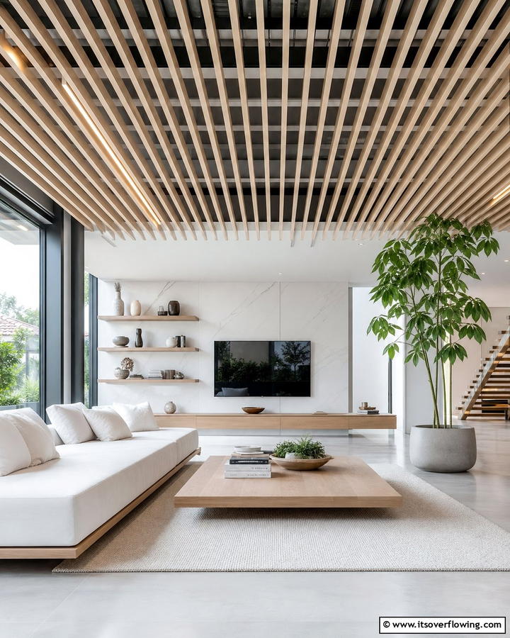 Sleek Floating Wood Slat Ceiling - 30 Wood Slat Ceiling Ideas for Textured Modern Interiors