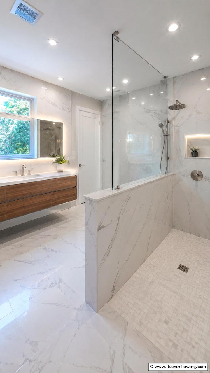 Sleek Frameless Design - 30 Half-Wall Shower Ideas- Sleek Bathroom Design Solutions