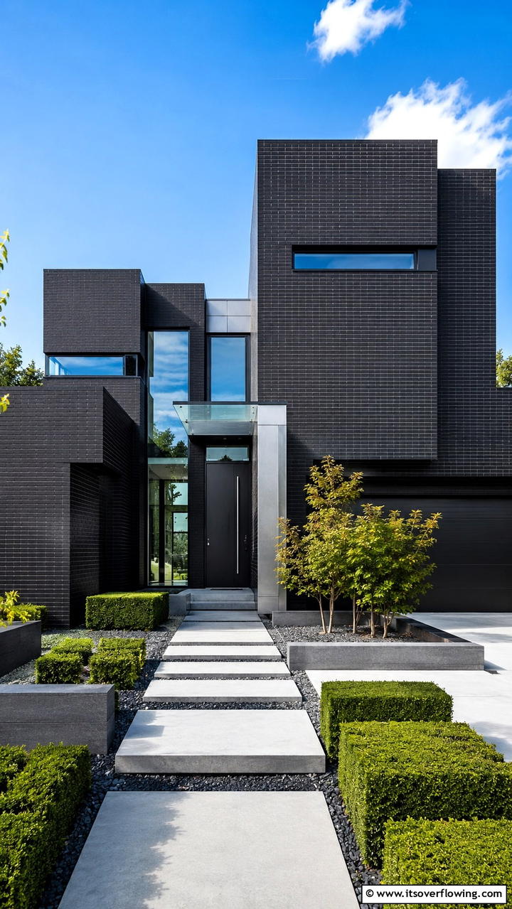 Sleek Geometric Black Brick Exterior - 30 Black Brick House Exteriors for Bold Curb Appeal
