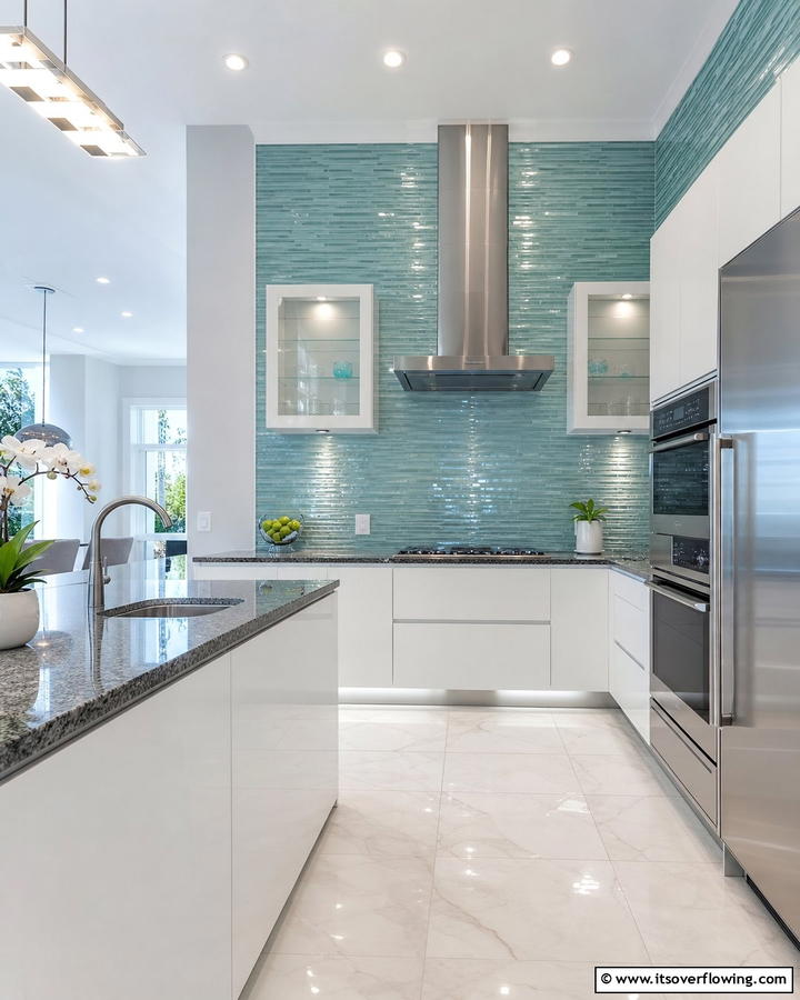 Sleek Glass Backsplash - 21 Backsplash Ideas for White Cabinets and Granite Counters