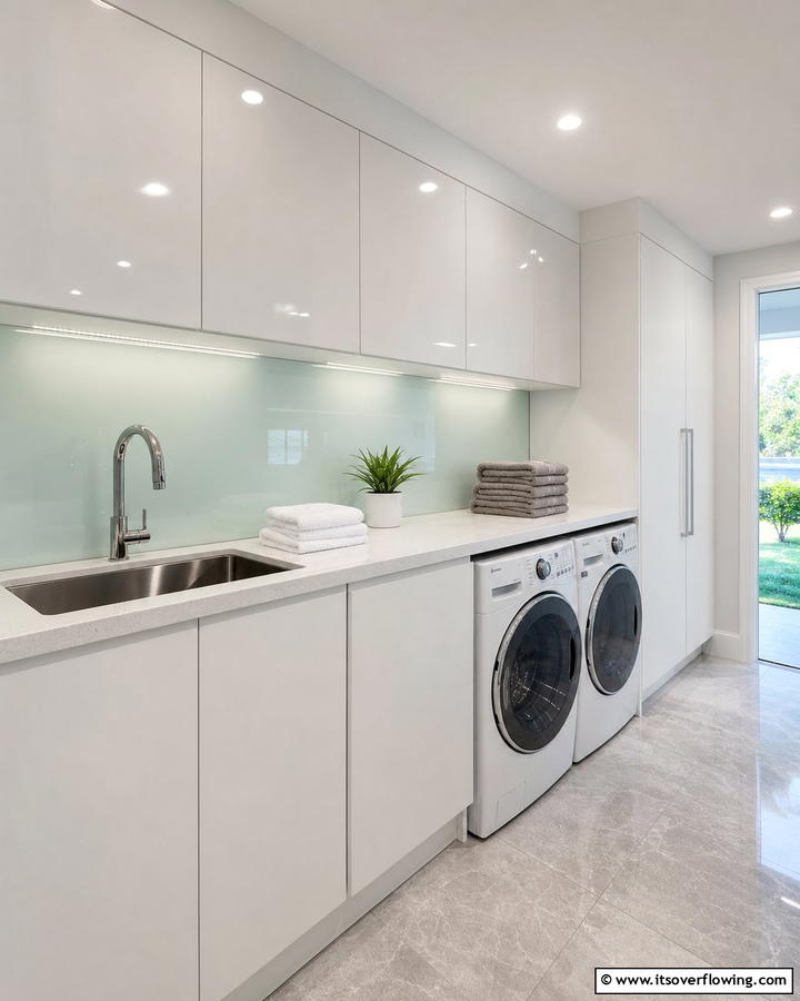 Sleek Glass Panels - 20 Laundry Room Backsplash Ideas for a Stylish and Practical Space