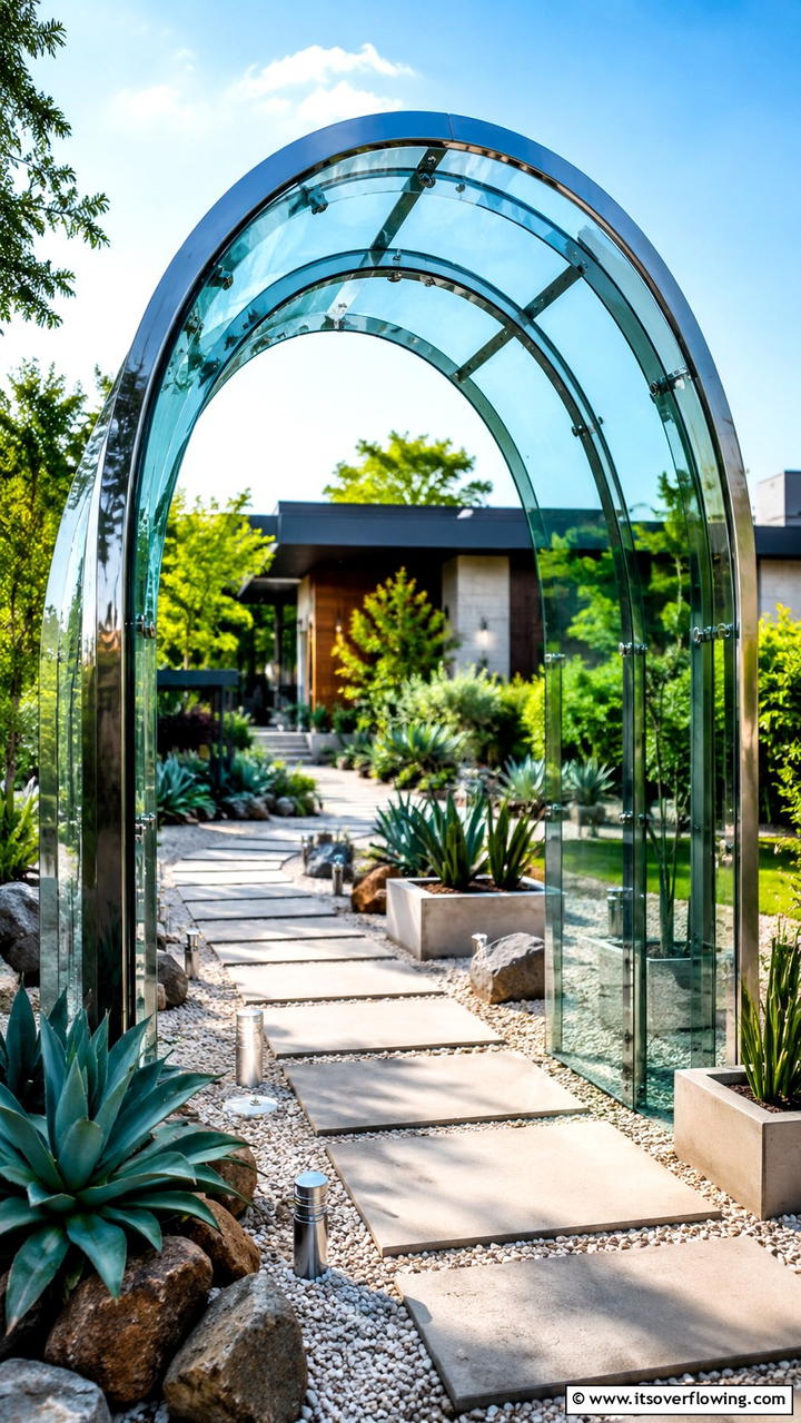 Sleek Glass and Steel Arch - 30 Garden Arch Ideas for Enchanting Outdoor Spaces