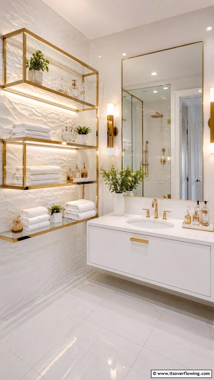 Sleek Gold Shelving - 30 Gold Bathroom Ideas for Luxurious, Modern Spaces