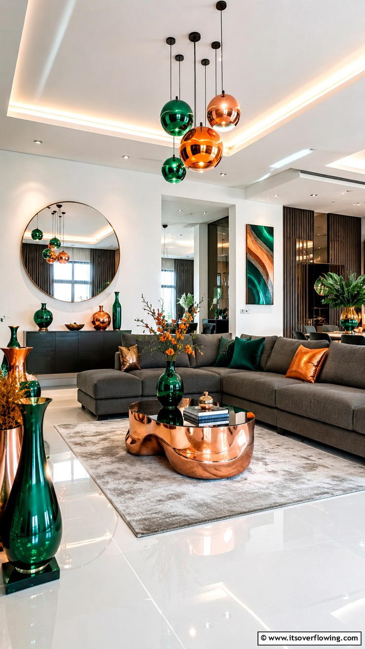 Sleek Green and Orange Metallic Accents - 30 Green and Orange Living Room Ideas for Bold Style