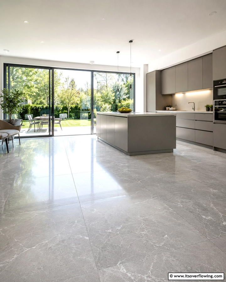 Sleek Grey Kitchen with Natural Light - 30 Kitchens with Grey Floors- Sleek & Modern Flooring Ideas