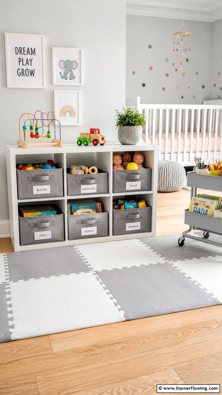 Sleek Grey Toy Organization - 30 Grey Nursery Ideas- Calming & Modern Baby Room Designs