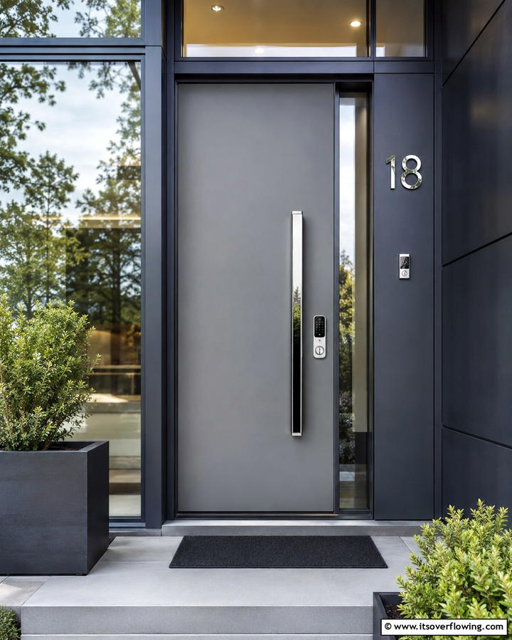 Sleek Grey with Chrome Accents - 25 Grey Front Door Ideas for a Chic and Modern Entryway