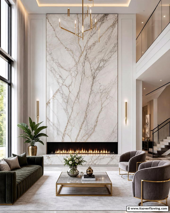 Sleek Marble Sophistication - 25 Fireplace Backsplash Ideas for a Stunning Focal Point